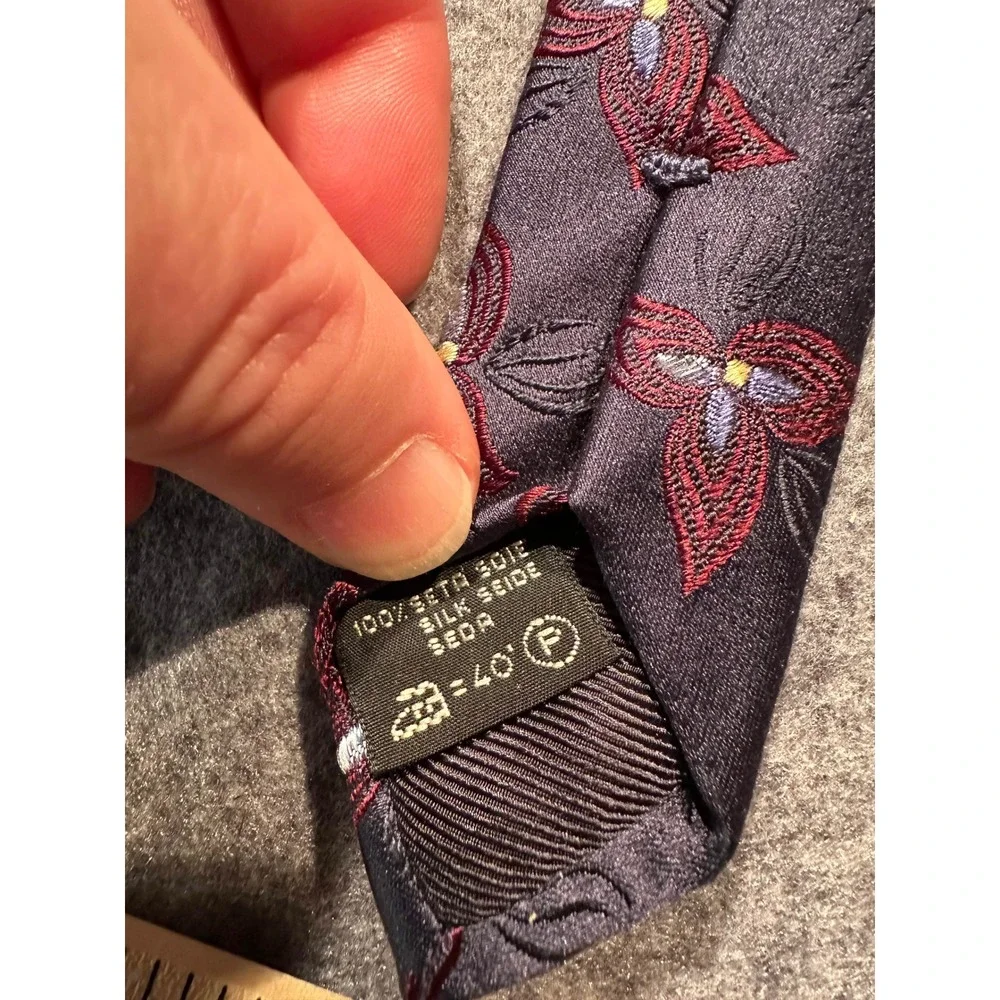 Ermenegildo Zegna Silk Tie Mens Navy Blue Burgundy Floral Pattern Necktie